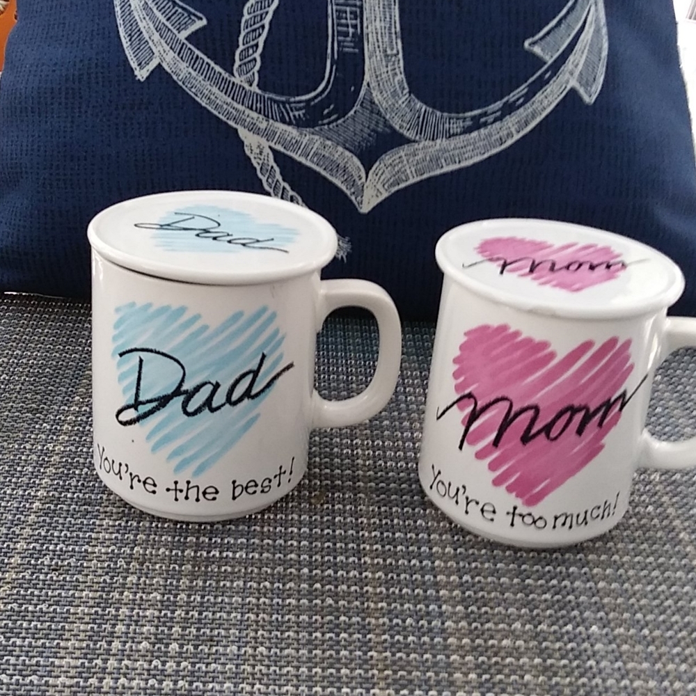 Coffee mugs, Mom & Dad w coasters